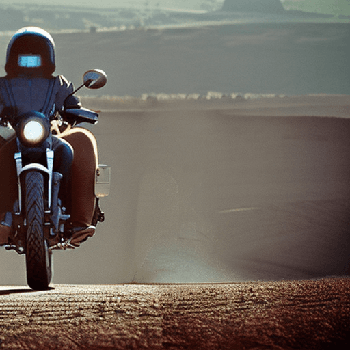 AI generated: (((distant long shot of a woman riding a motorcycle wearing a biker outfit, leaning on a motorcycle,...