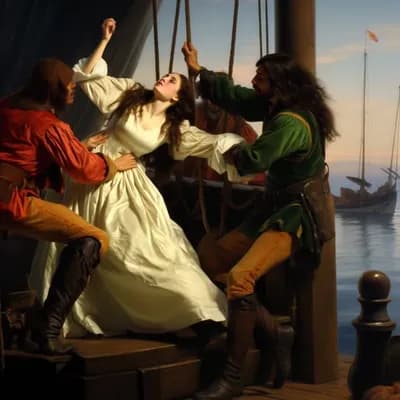 AI generated video:  A distraught woman attempts to jump into the water from a ship as a group of men restrain her 