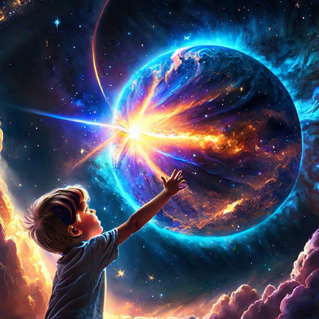 AI generated: a child reaching for a super giant neutron star in the sky as it approaches the planet, ultra detail...