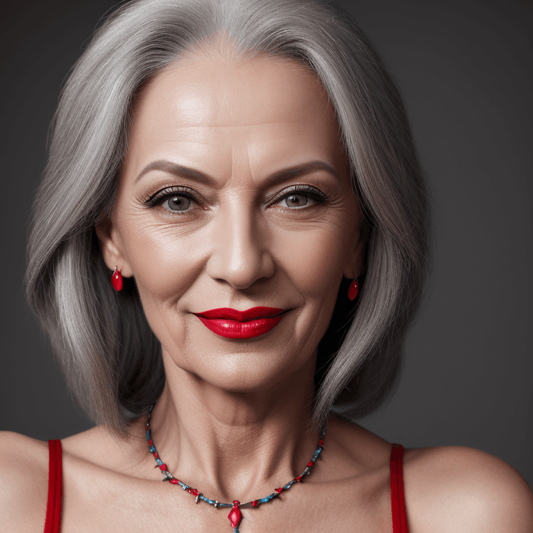 AI generated: hyper realistic headshot photo of a 55 year old stylish, woman,  elegant, long grey hair, slim, skin...