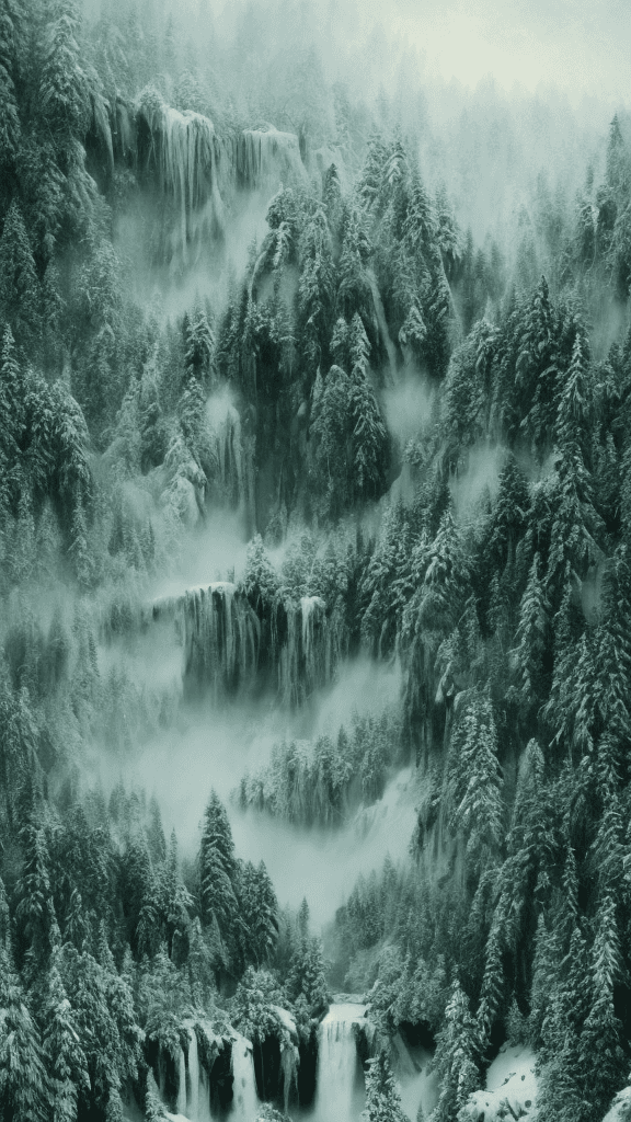 AI generated: winter landscape, green color, Bokeh, the waterfall, fog over the lake, insanely detailed and intric...