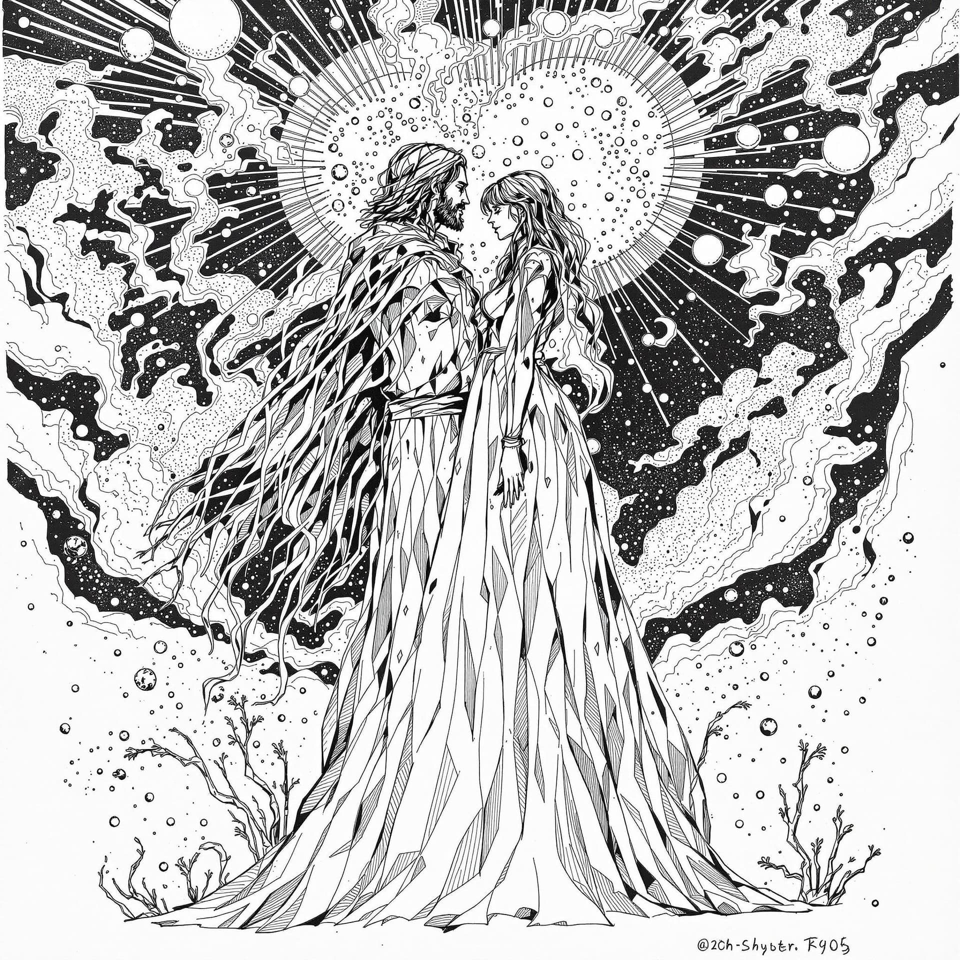 AI generated: A hippie and his girlfriend pen and ink sketch from, the 60's of the two of them rising up from the ...