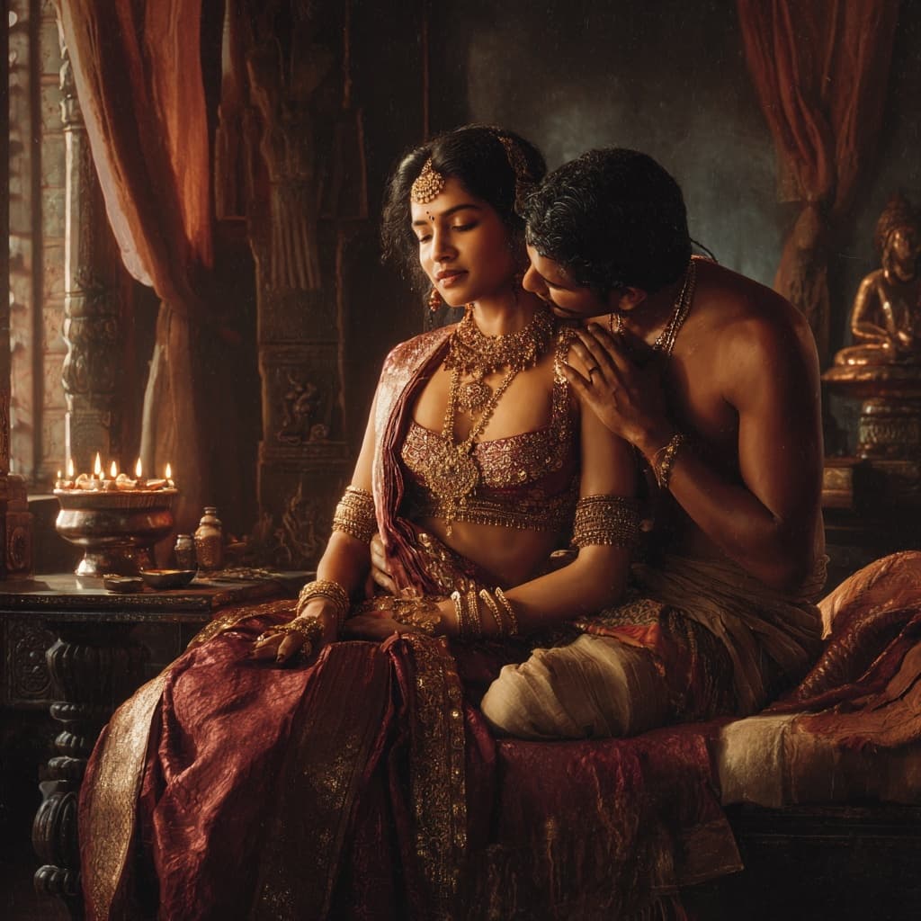 AI generated: Hyperrealistic cinematic scene of a breathtakingly voluptuous Indian queen from the Chola dynasty, s...