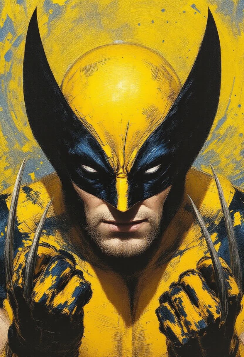 AI generated: Portrait of Wolverine, masked, in yellow, showing his claws as weapons. Art Nouveau, Neo-Impressioni...
