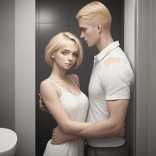 AI generated: The image shows a  man and woman in a bathroom. The man is standing behind the woman, with his arms ...