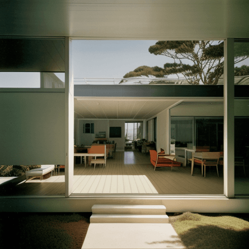 AI generated: Hyper realistic eye level exterior photo of a mid century modern style house overlooking the ocean, ...