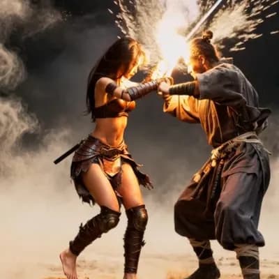 AI generated video: the characters fight by brandishing swords that cause sparks when they touch
