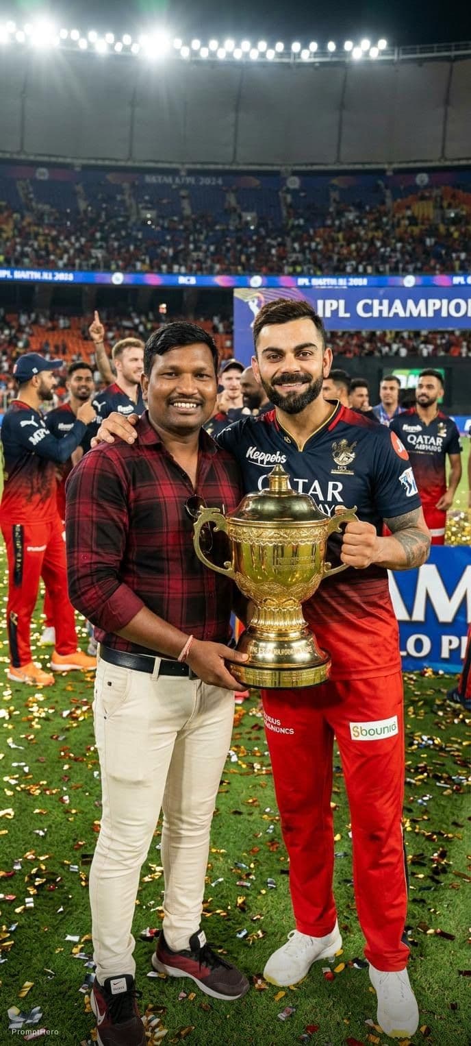 AI generated: 
Generated
Combine these two photos and make me to stand beside virat kohli with the ipl cup. Make v...