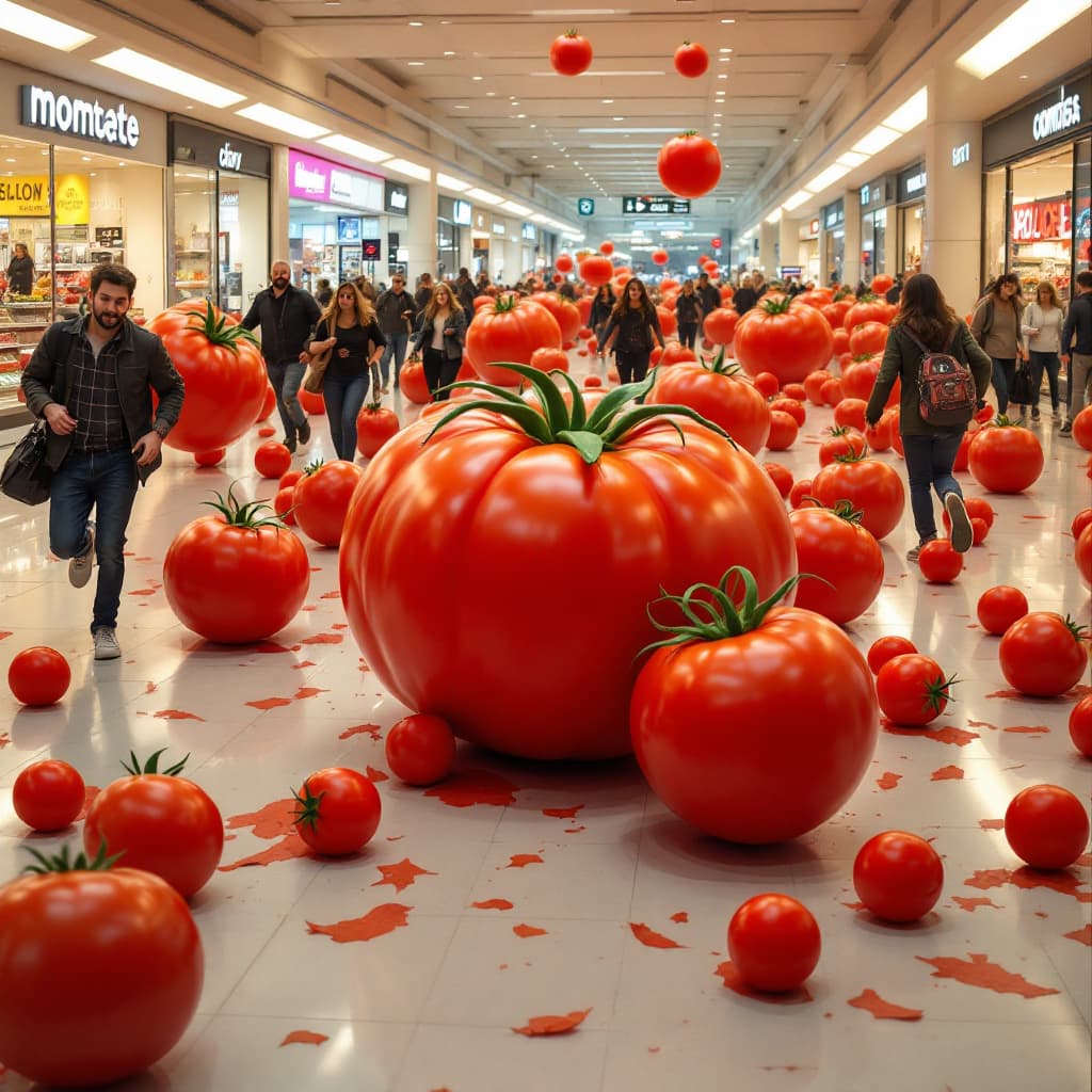 AI generated: giant tomatoes on the ground chasing after people in a shopping mall, the customers are running pani...