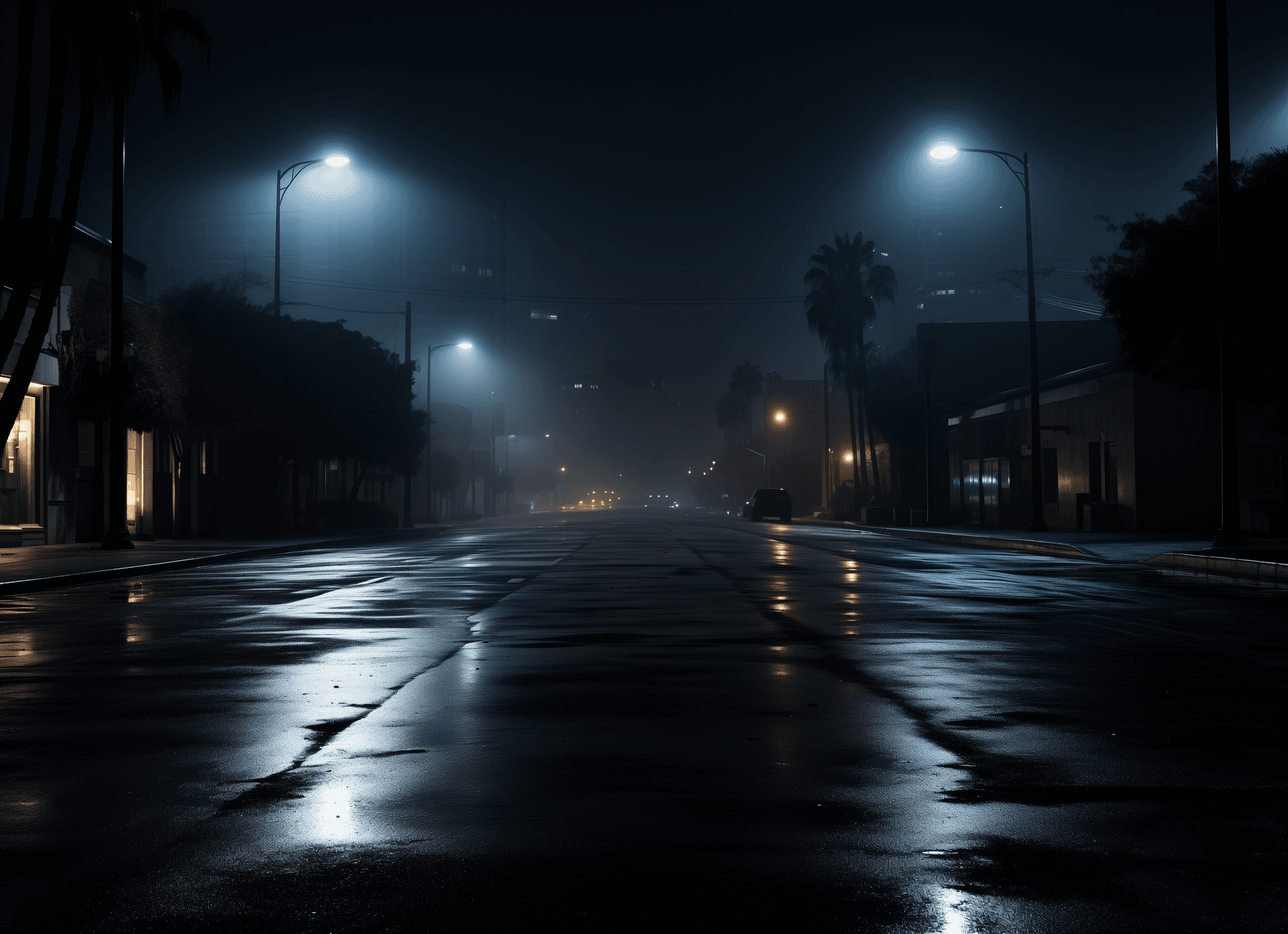AI generated: Wide shot of empty street at night in Los Angeles, horror movie scene, in the style of David Fincher...
