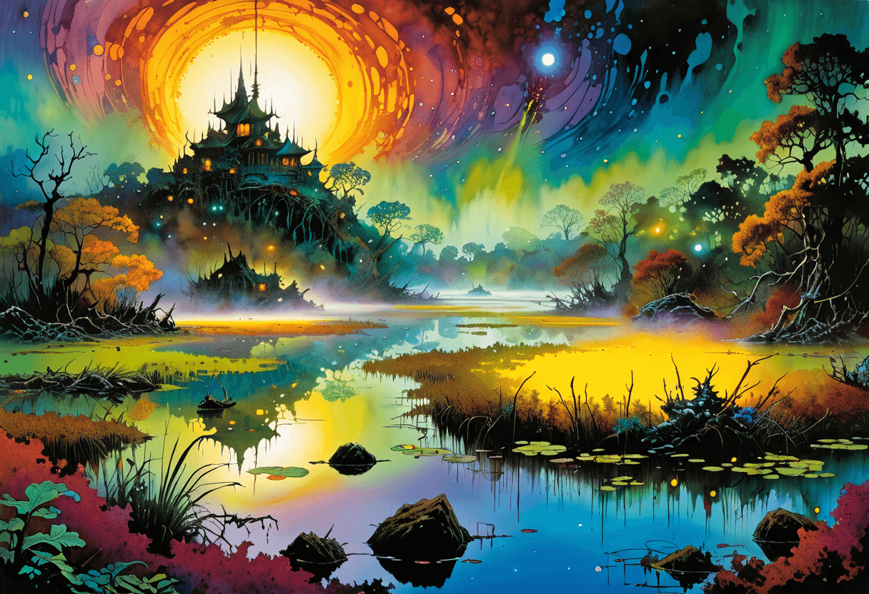 AI generated: (messy art by Sam Kieth:1.3) , detailed art, mundane Airbrush painting, lush pond and Interstellar m...