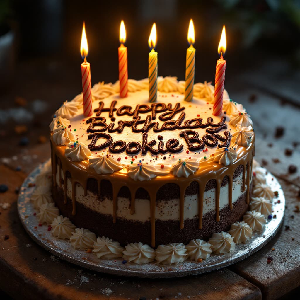 AI generated: hyper realism, high detail, cake, that says happy birthday Dookie Boy on the icing, whole cake,
