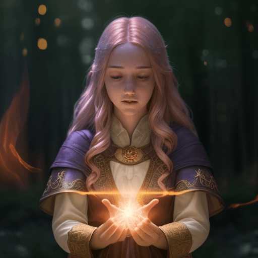 AI generated: Beautiful young female wizard, casting spells, fire, centered, embers, bokeh, lens flare, light bloo...