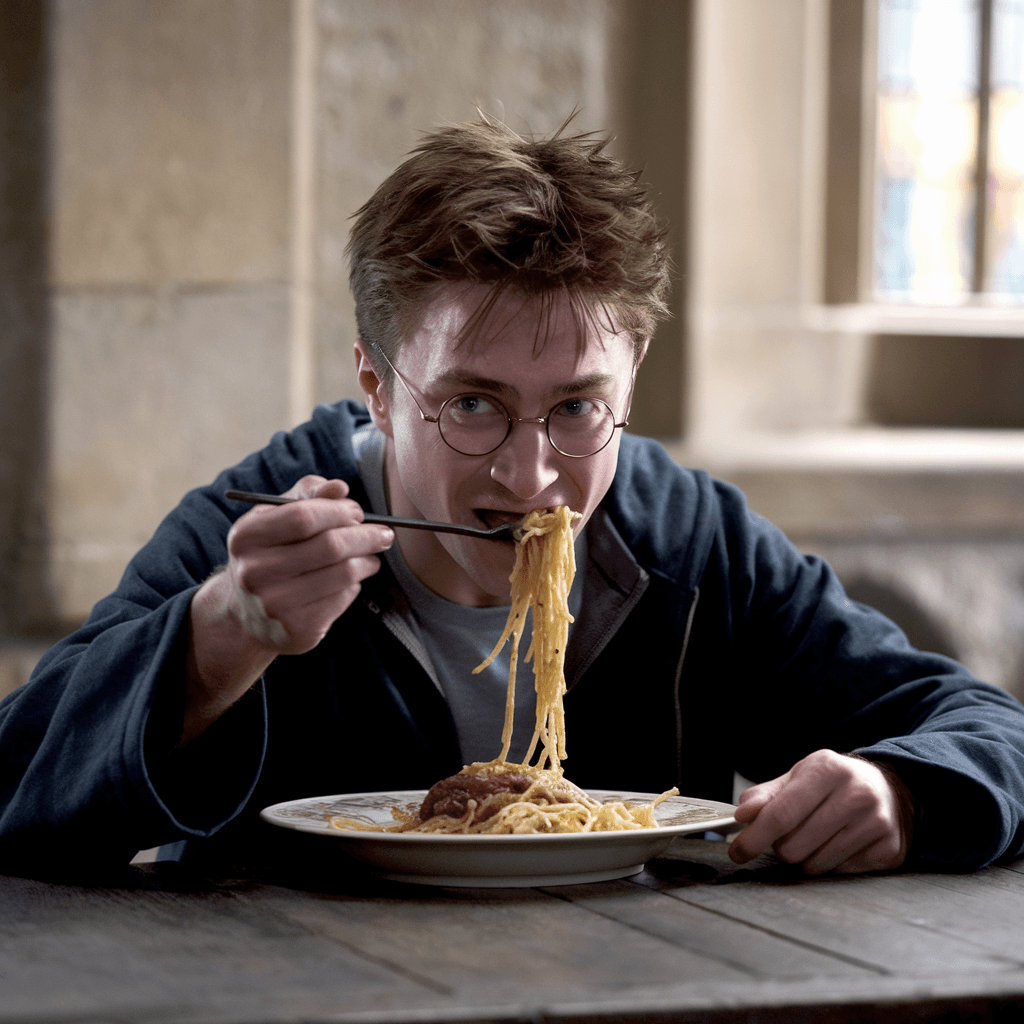 AI generated: draw harry potter eating spaguetti on a plaite. realistic style,cinematic style