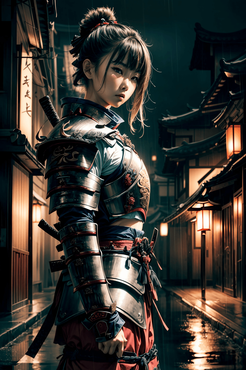 AI generated: (Asian girl wearing intricate samurai armor:1.5), dark rainy city, (dynamic pose, action scene), (lu...