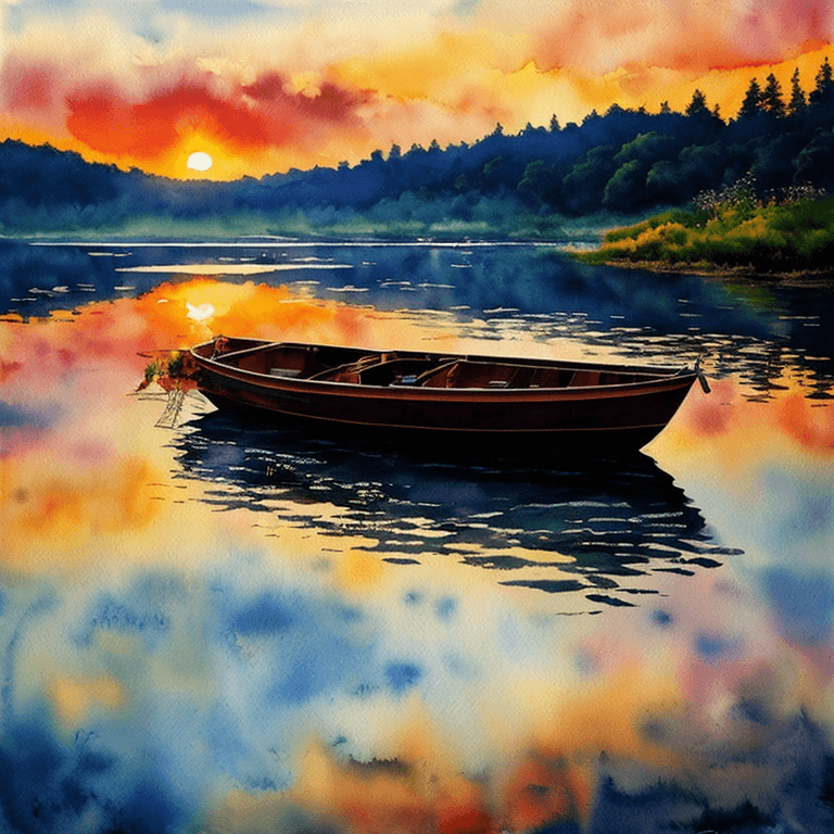 AI generated: mj, a watercolor painting, boat on a water at sunset, meaningful, calmness, unforgettable