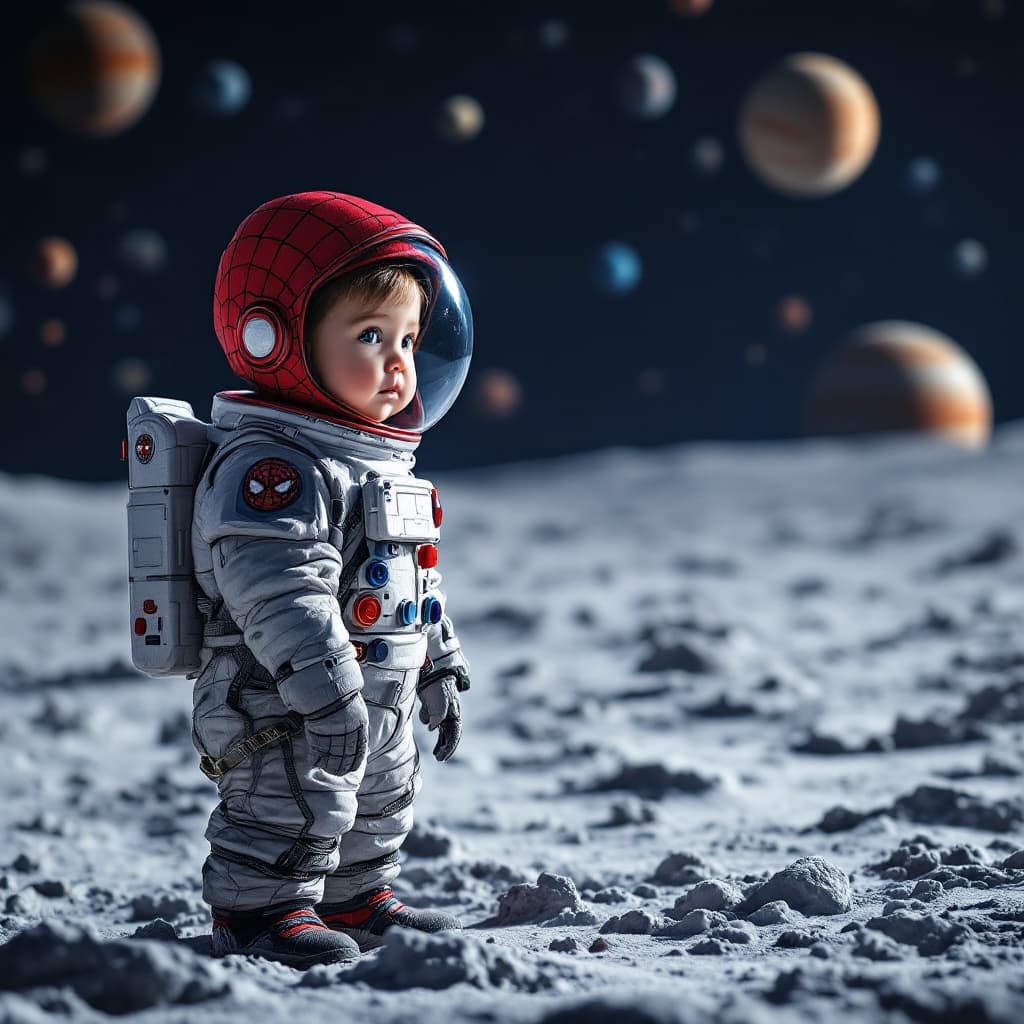 AI generated: "A realistic and high-quality image of a 3-4 year old child wearing a Spider-Man themed astronaut su...