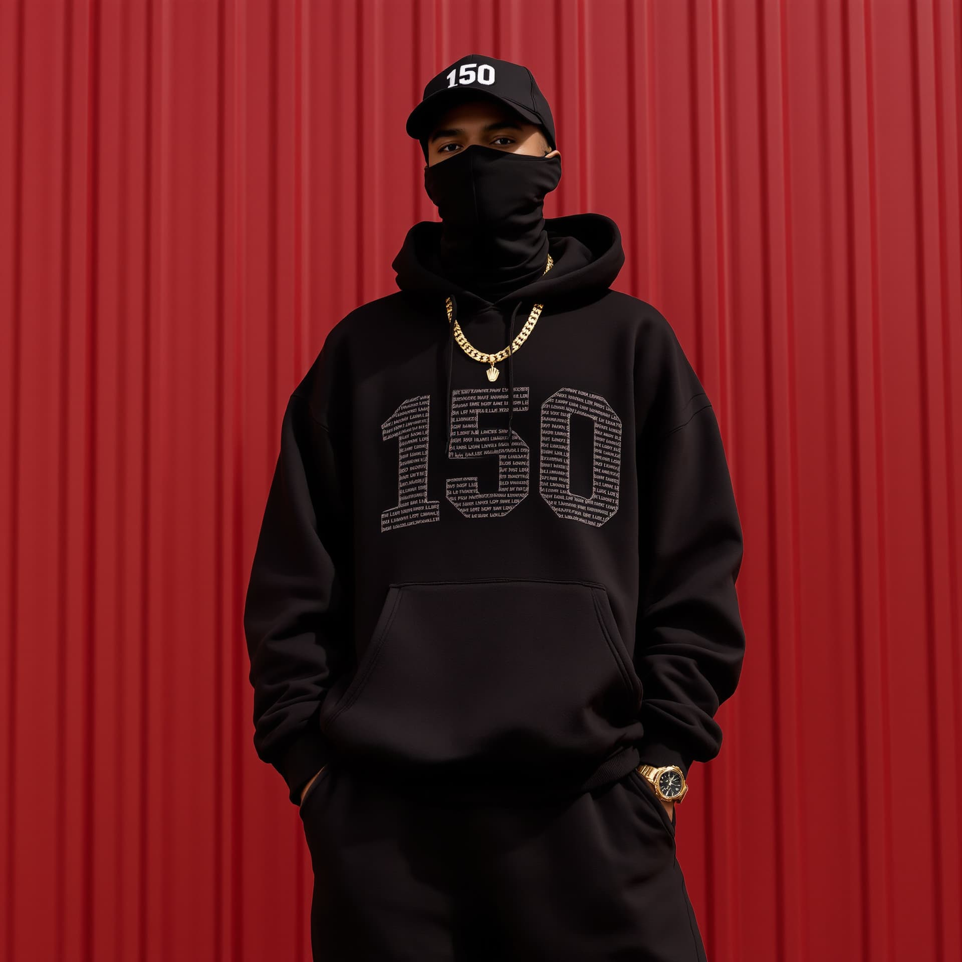 AI generated: HOODIE ON AND MILITARY FACEMASK MEN WEARING GOLD DIAMOND CHAIN ON NECK AND WEARING A DIAMOND ROLEX W...