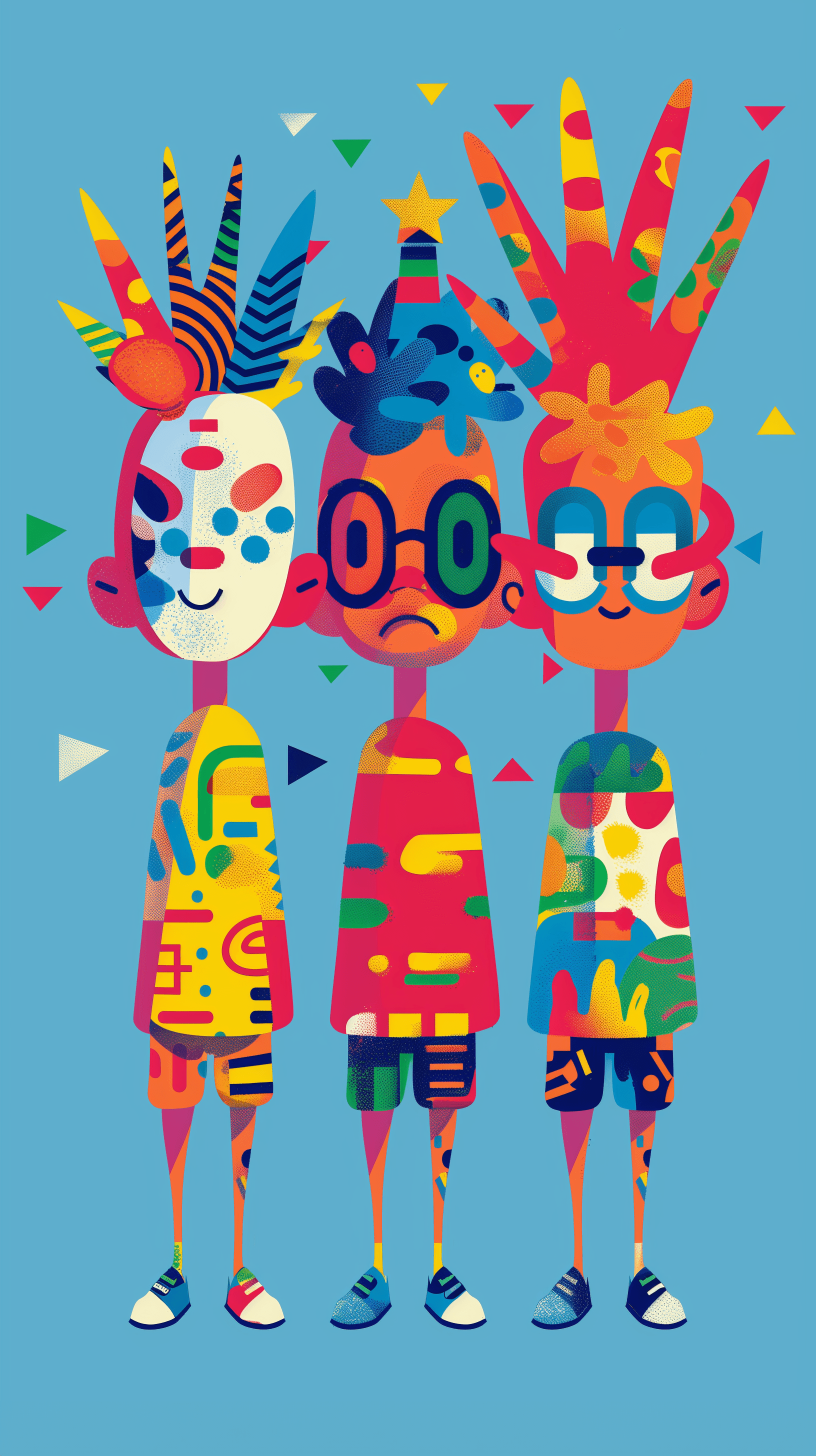 AI generated: illustration, boys, three, cyan, outlines --ar 9:16