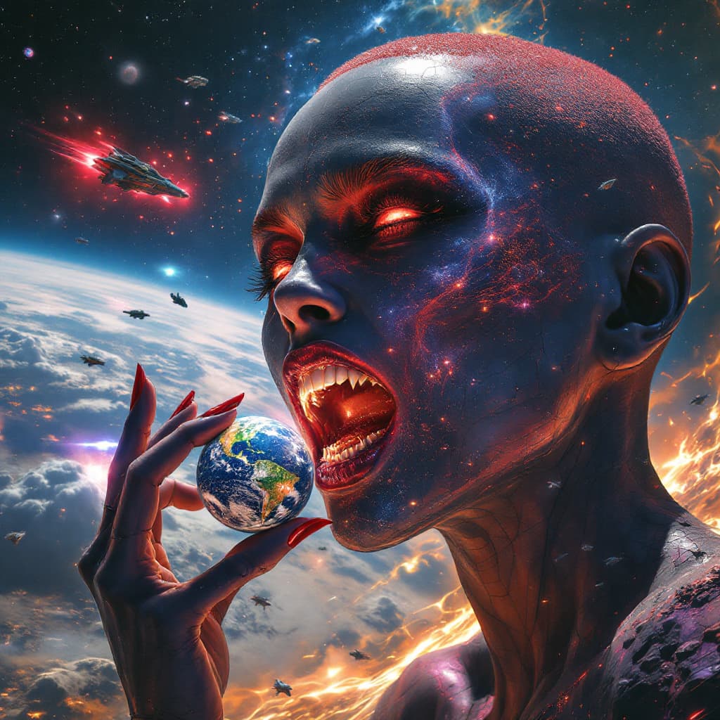 AI generated: enormous giantess female V from Cyberpunk 2077, red hair half shaved head,
bigger than a galaxy  flo...