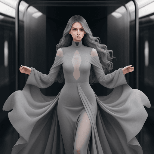 AI generated: The image is a full-length portrait of a woman in a flowing grey dress. The dress features a high ne...