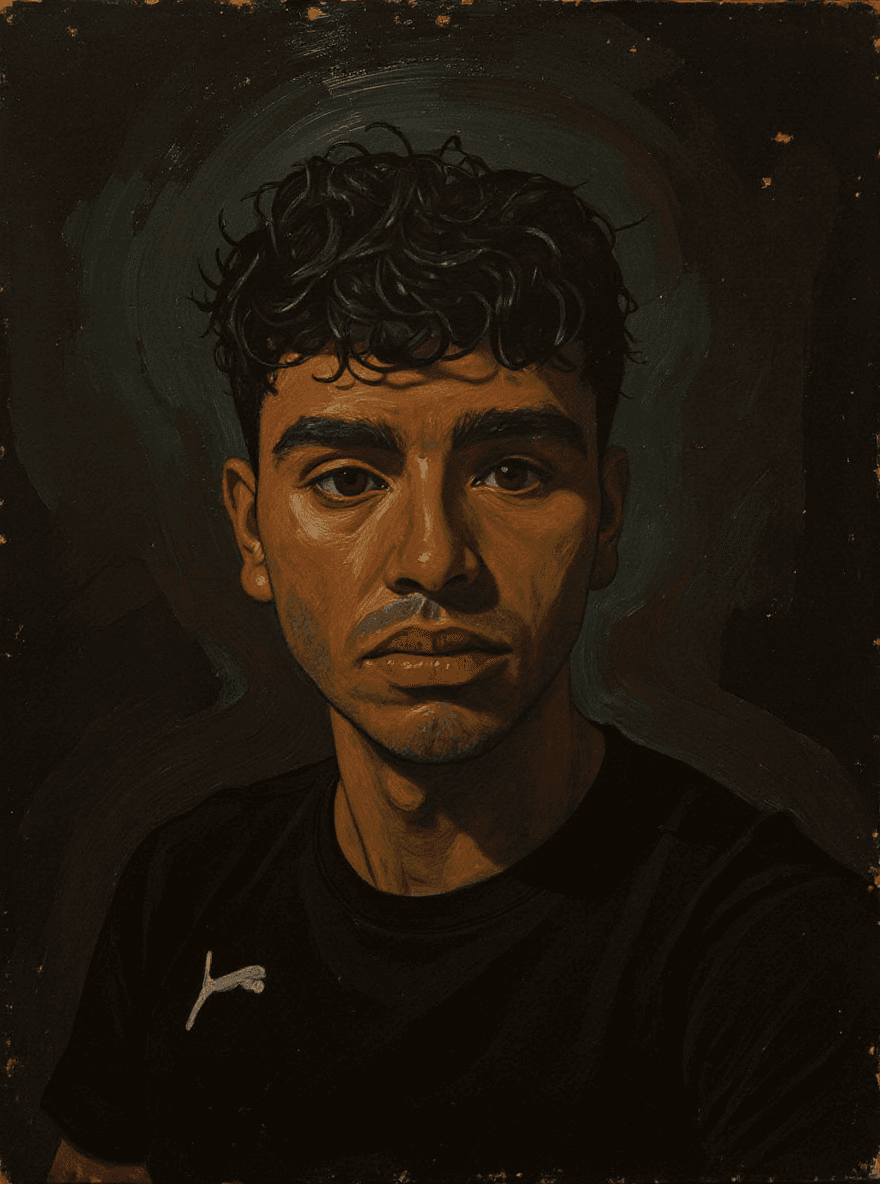 AI generated: painting art,from my portrait , painted in film noir fusion,strong brush touch, burnt orange and tea...
