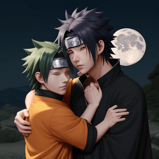 AI generated: 4k, 2 boys, yaoi, naruto, sasuke, love, night, hug, home, moon 8k, realistic