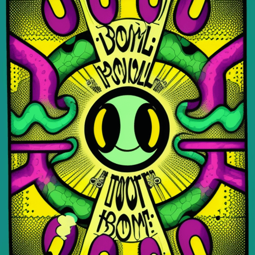 AI generated: Vintage comic ink illustration of a acid smiley, psychedelic, ink, halftone, psychedelic style, text...