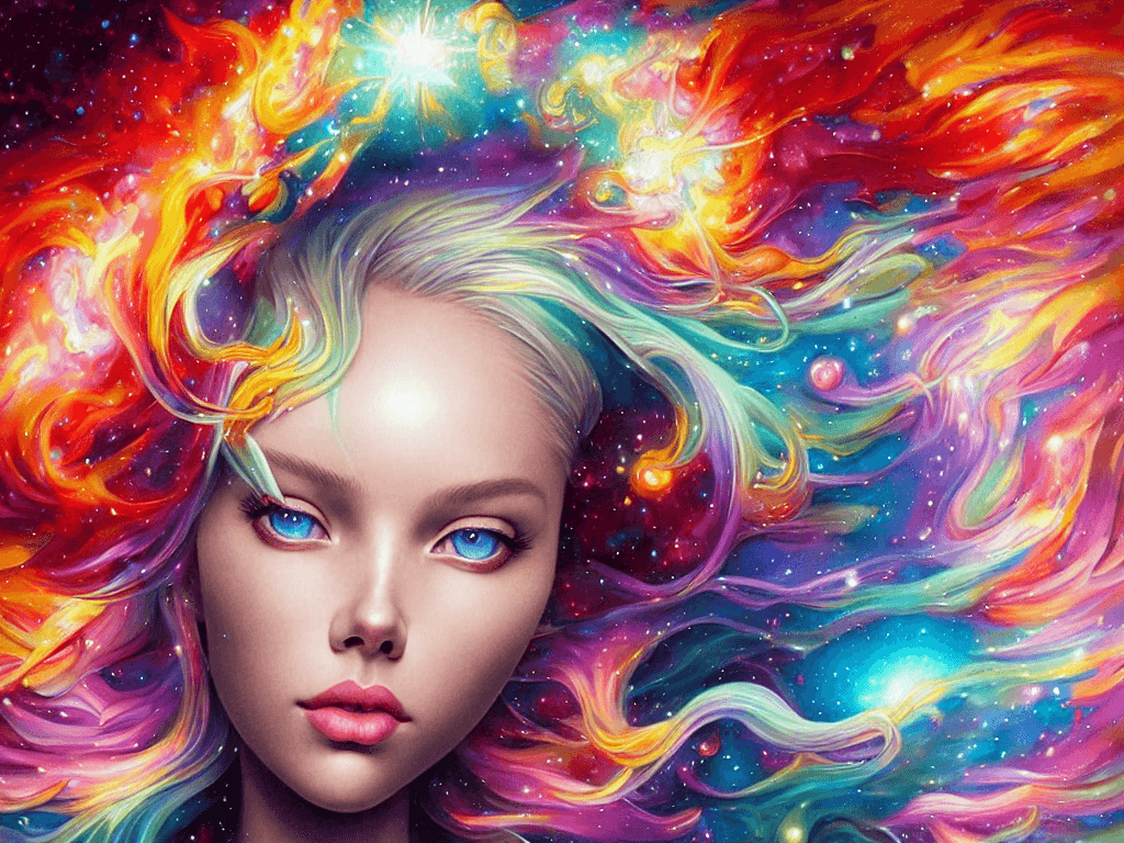 AI generated: ultra realistic photo portrait of Scarlett Leithold cosmic energy, colorful, painting burst, beautif...