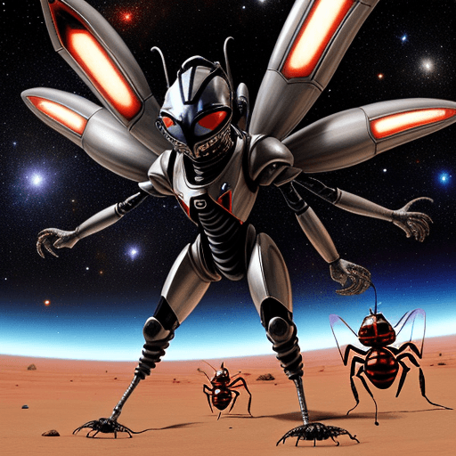 AI generated: alien ant army group with silver ant armor invasion the planet, gunfire with red ant group, space st...