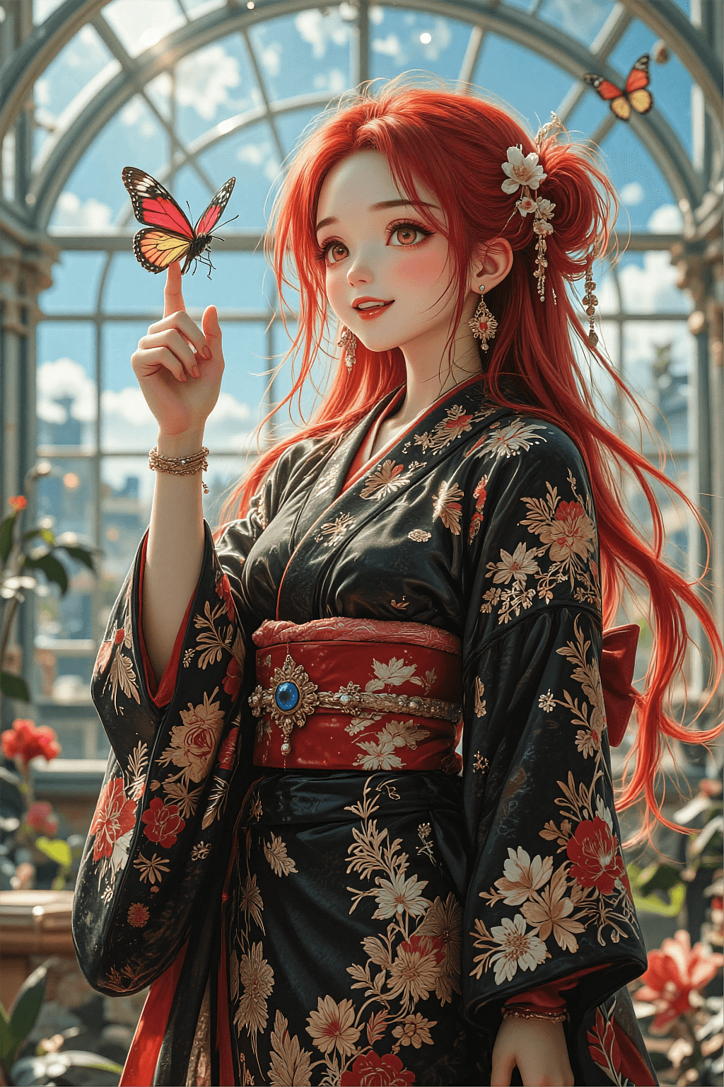 AI generated: A vertical masterpiece 3D anime illustration of a beautiful Chinese girl with scarlet hair and brown...