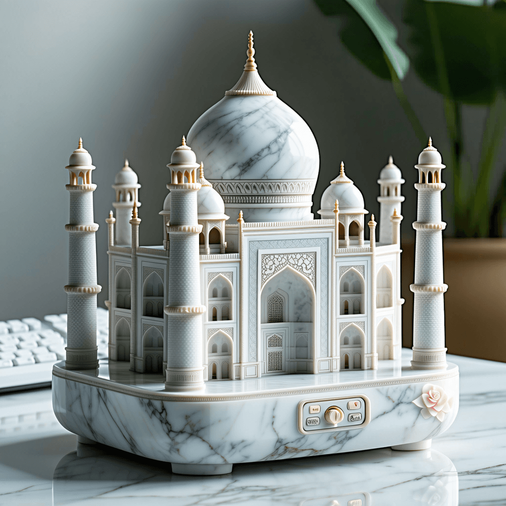 AI generated: Aroma diffuser, inspired by the intricate, ornate designs of the Taj Mahal, with a marble exterior a...