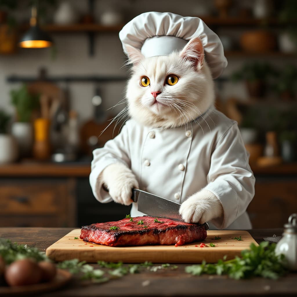AI generated: a white cute cat in chefs outfit in kitchen at a table chopping up a steak on a wooden chopping boar...