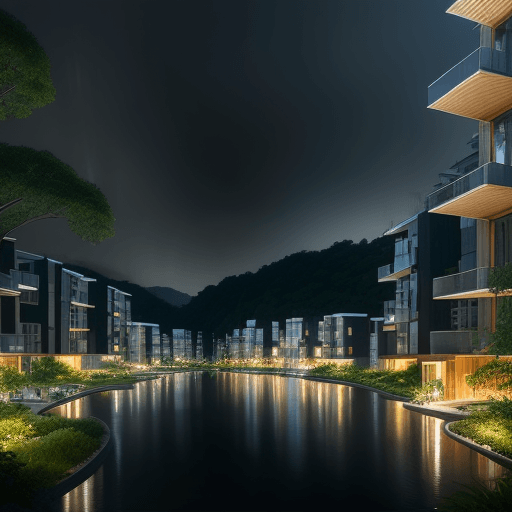 AI generated: a magnificent modern ecotourism village with different residential buildings designed by architect S...