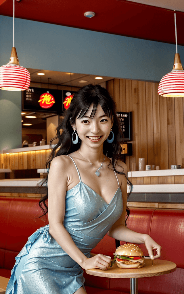 AI generated: Create an image of a Japanese woman in a fast-food restaurant in Madrid. She is wearing an elegant l...