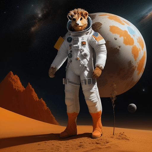 AI generated: a lion is in space suit, standing in the dirt, in the style of fantasy art, dark white and dark oran...
