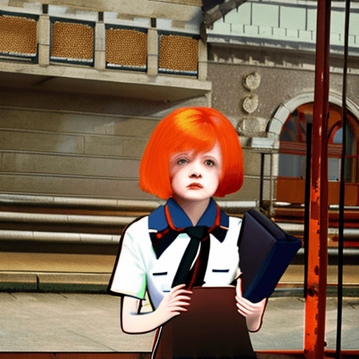 AI generated: masterpiece, mid shot, arafly dressed woman with orange hair and a suitcase, a portrait inspired by ...