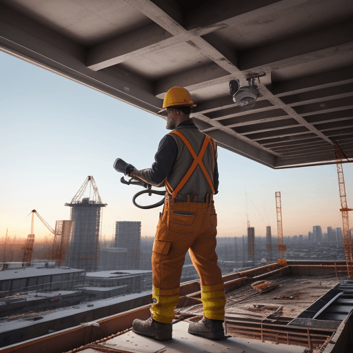 AI generated: Picture of a construction worker working with power tools in the roof o a Construction site on winte...