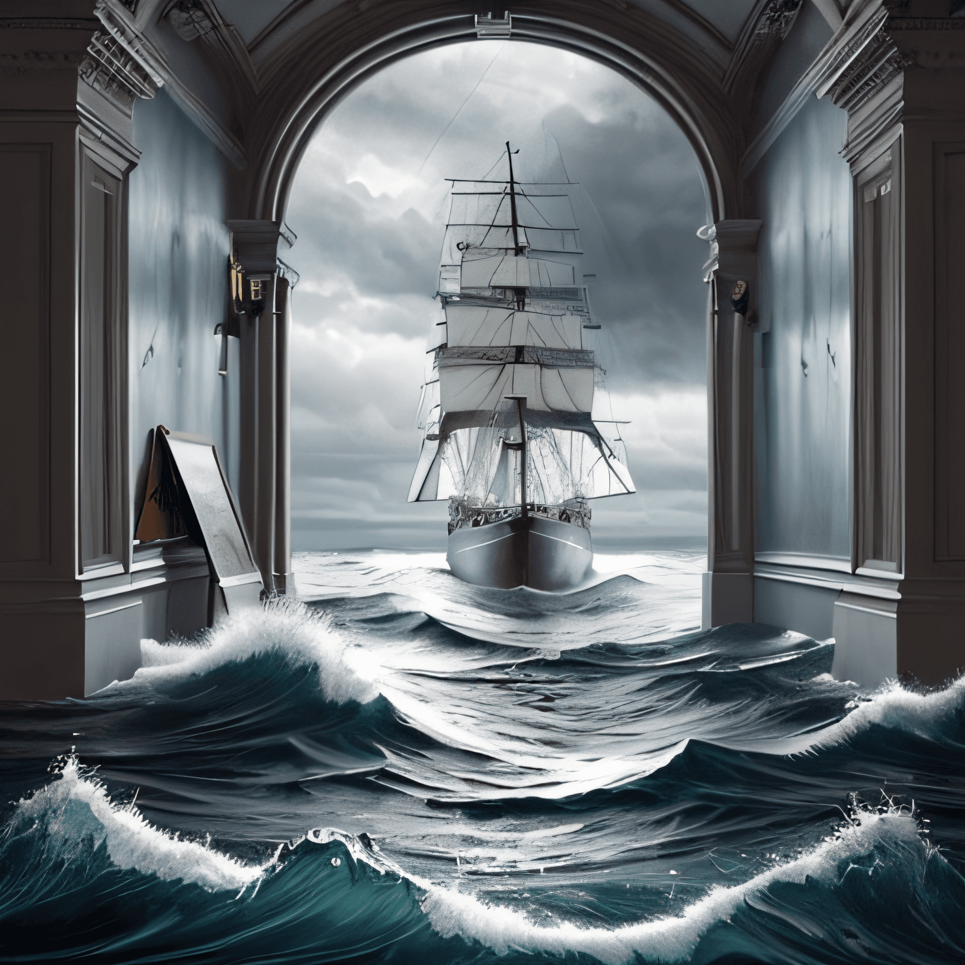 AI generated: A maritime painting captures the mighty sea with a ship sailing under stormy skies. From this tempes...