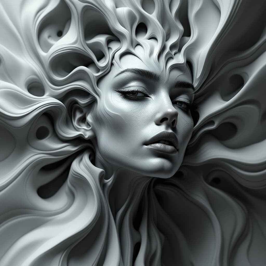 AI generated: A futuristic black and white surreal portrait of a woman with an optical illusion effect. Her face s...