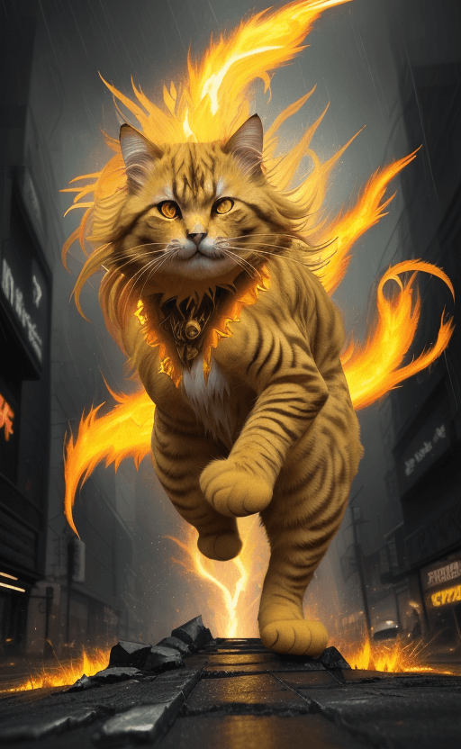 AI generated: painterly style, photorealistic, more colorful, rage golden yellow fluffy cat warrior , fighting at ...