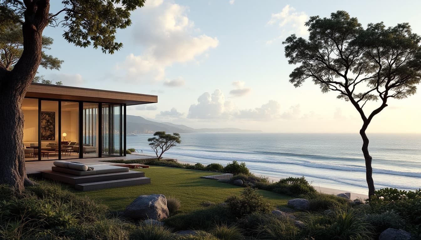 AI generated: Hyper realistic eye level exterior photo of a mid century modern style house overlooking the ocean, ...