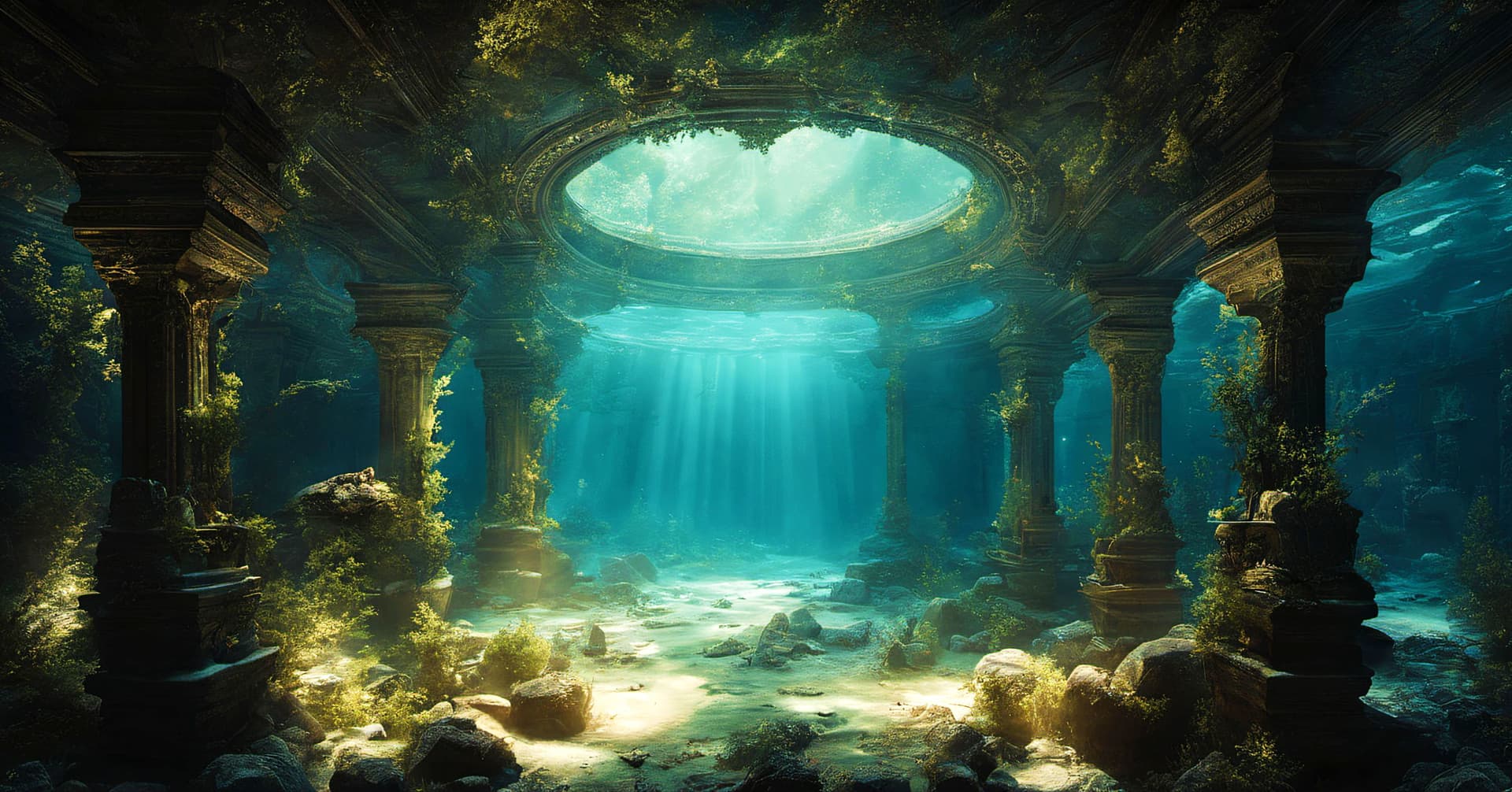 AI generated: Underwater:4 Atlantis, caustics and snell's window, god rays, (analog style), the leftovers, still i...