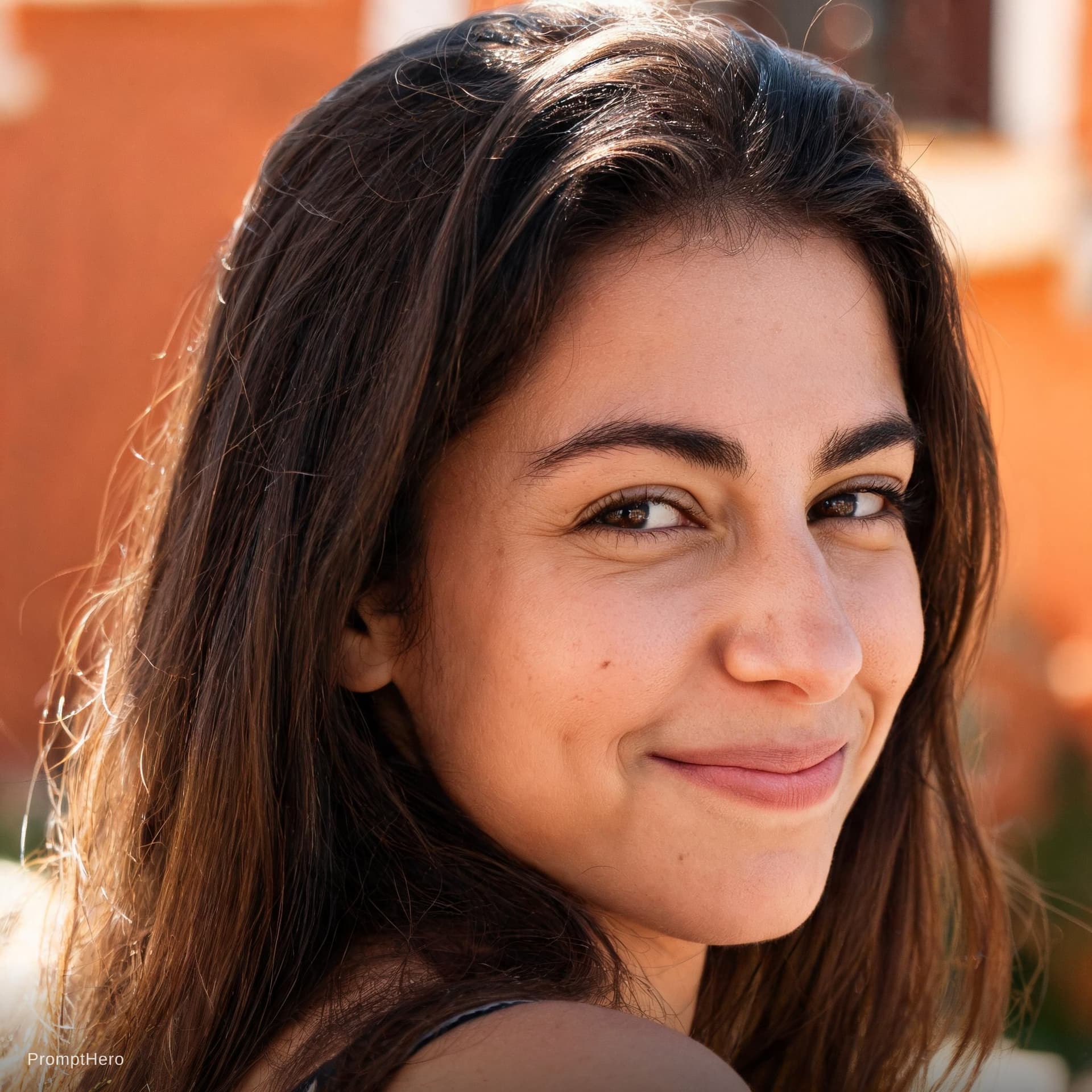 AI generated: Close-up portrait of a woman from Spain, mixed face, no make-up just natural, with long hair, natura...