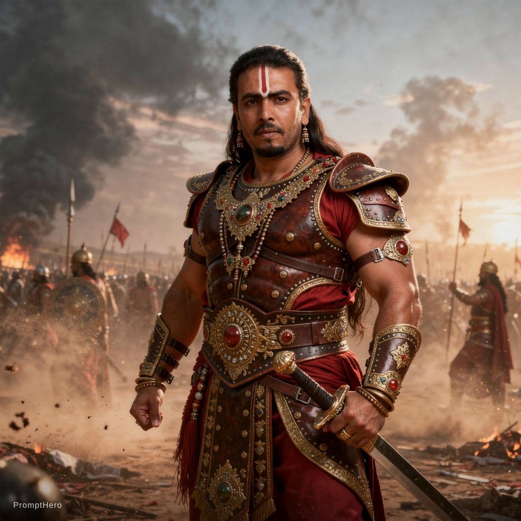 AI generated: indian male warrior from Mahabharatha, wearing etnic armor with a sword, on a battlefield, dramatic ...