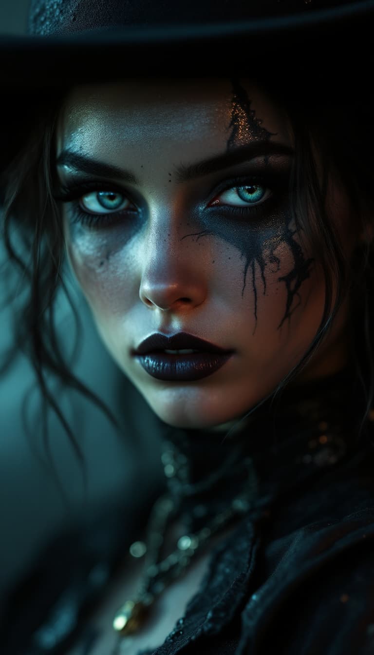 AI generated: Crie um retrato fotorrealista de uma mulher com maquiagem escura e arte de maquiagem, ambientado em ...