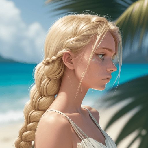 AI generated: An image of a young woman in a tropical beach setting. She has light blonde hair in a loose, texture...