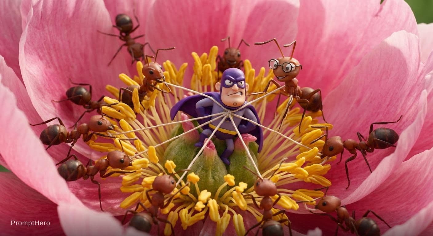 AI generated: An animation of several ants working together to defeat a giant villain in a flower.
