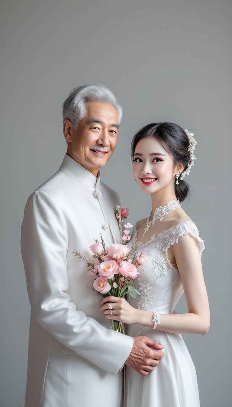 AI generated: Photo of two Chinese wedding models, a silver-haired old man and a young  woman in white dresses, sm...