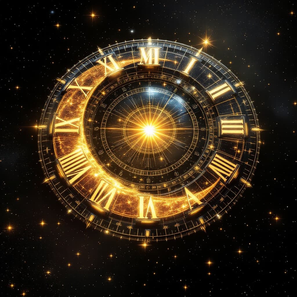 AI generated: Design a hyper-realistic, cinematic artwork of a grand celestial clock on a black velvet backdrop, w...